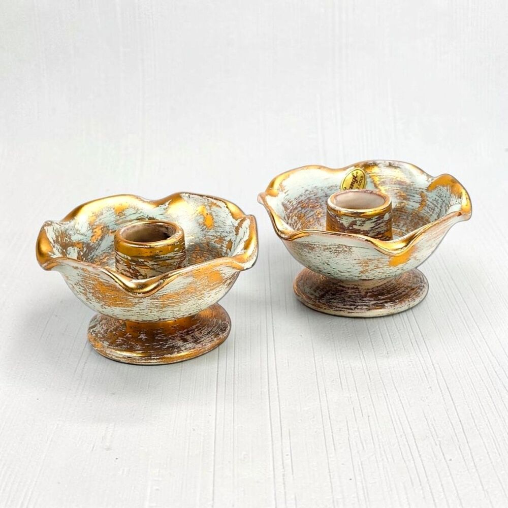 Vintage Stangl 22K Gold Candle Holders 5069 Seafoam Ruffled Mid Century Pair